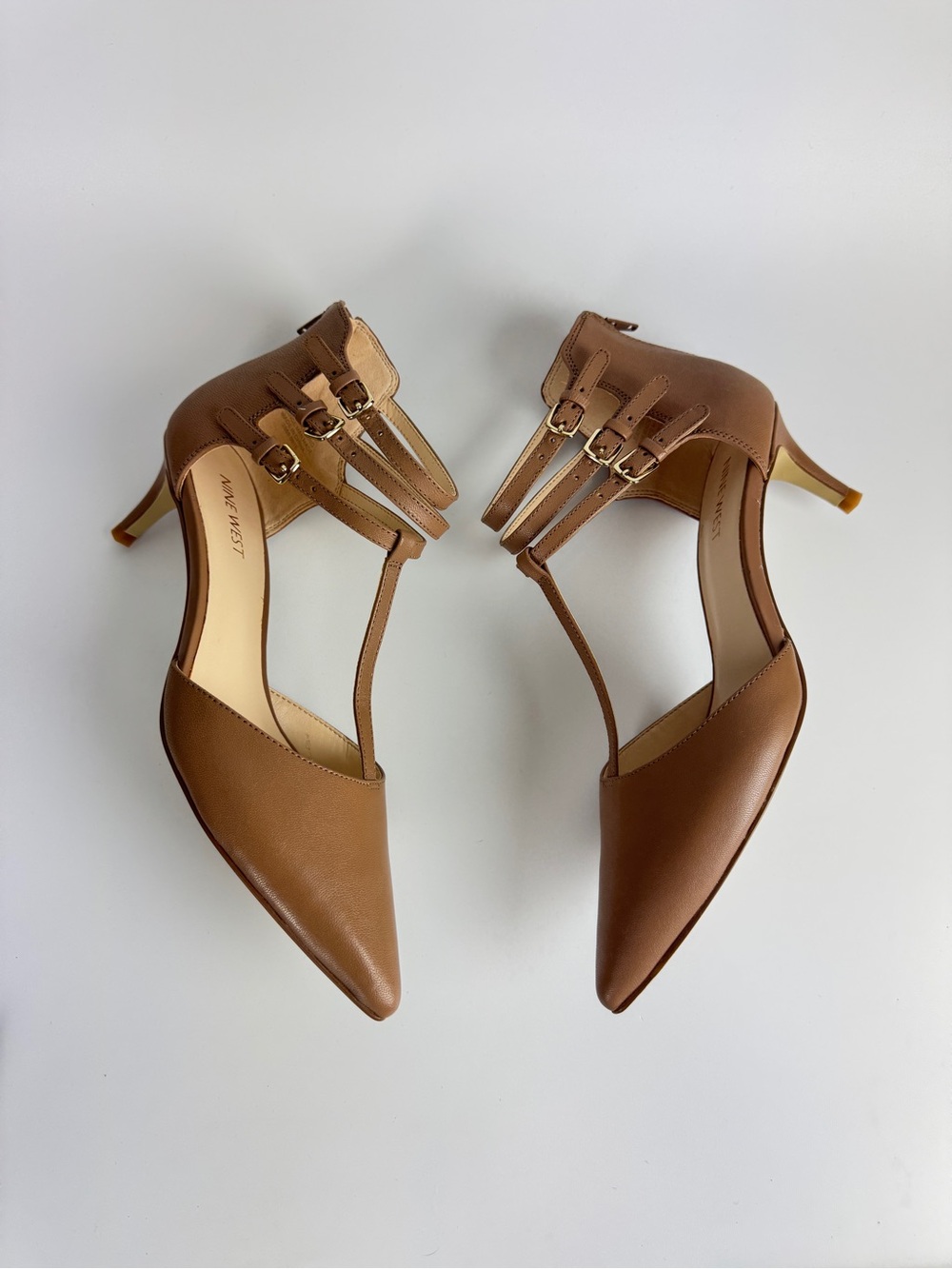 Nine West Tan T-Strap Pointed Toe Heels with Triple Buckles